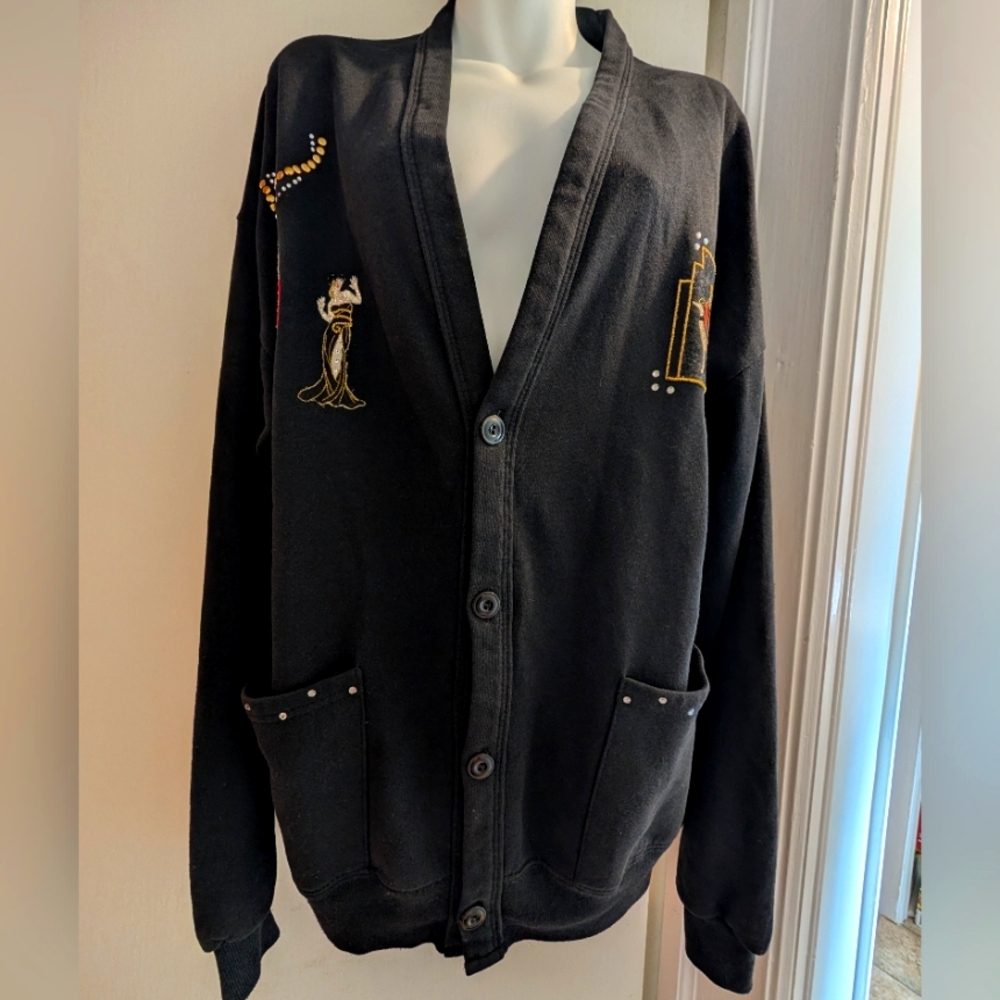 Vintage 80's Jerzees Black Cardigan with Embroidered Details. OS. - Picture 2 of 8